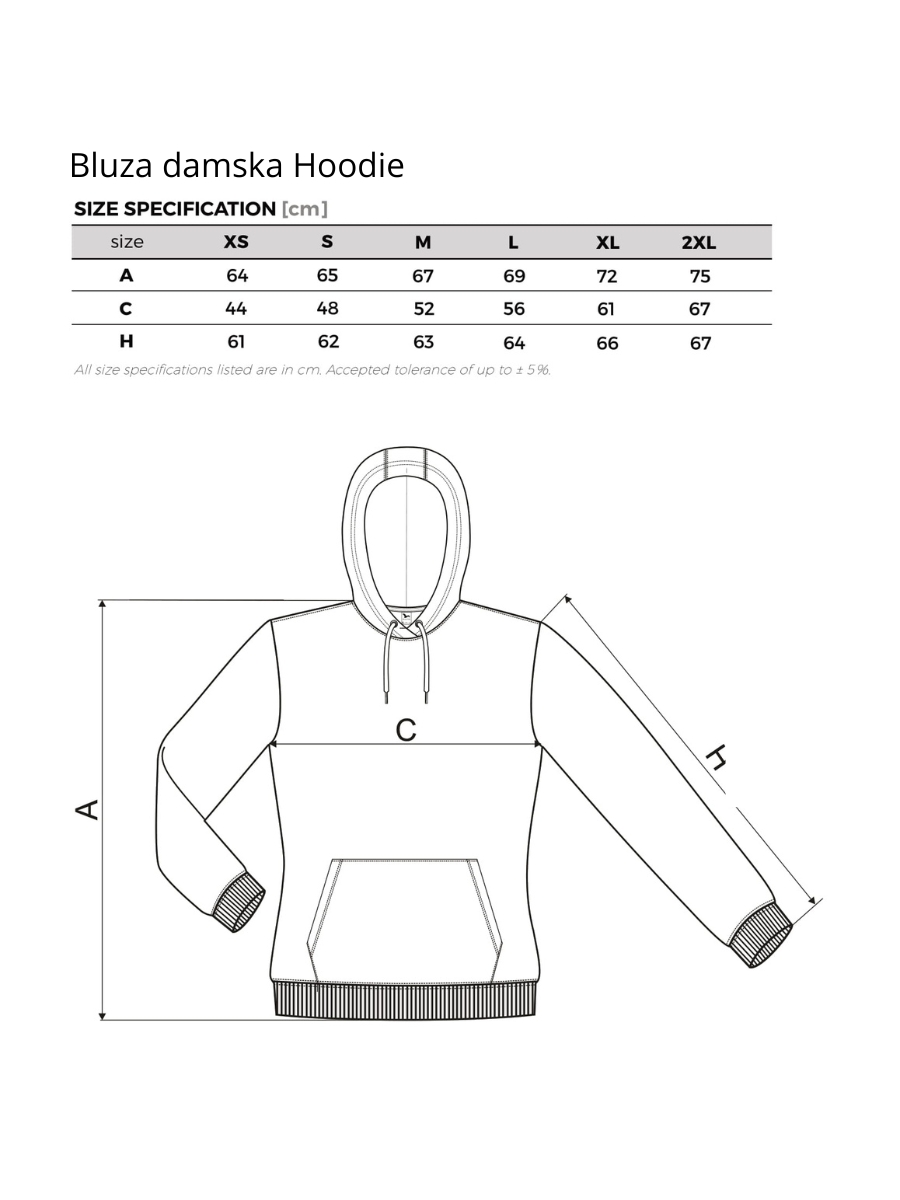 Bluza damska Hoodie wymiary. Tabela rozmiarów dla bluzy damskiej hoodie.