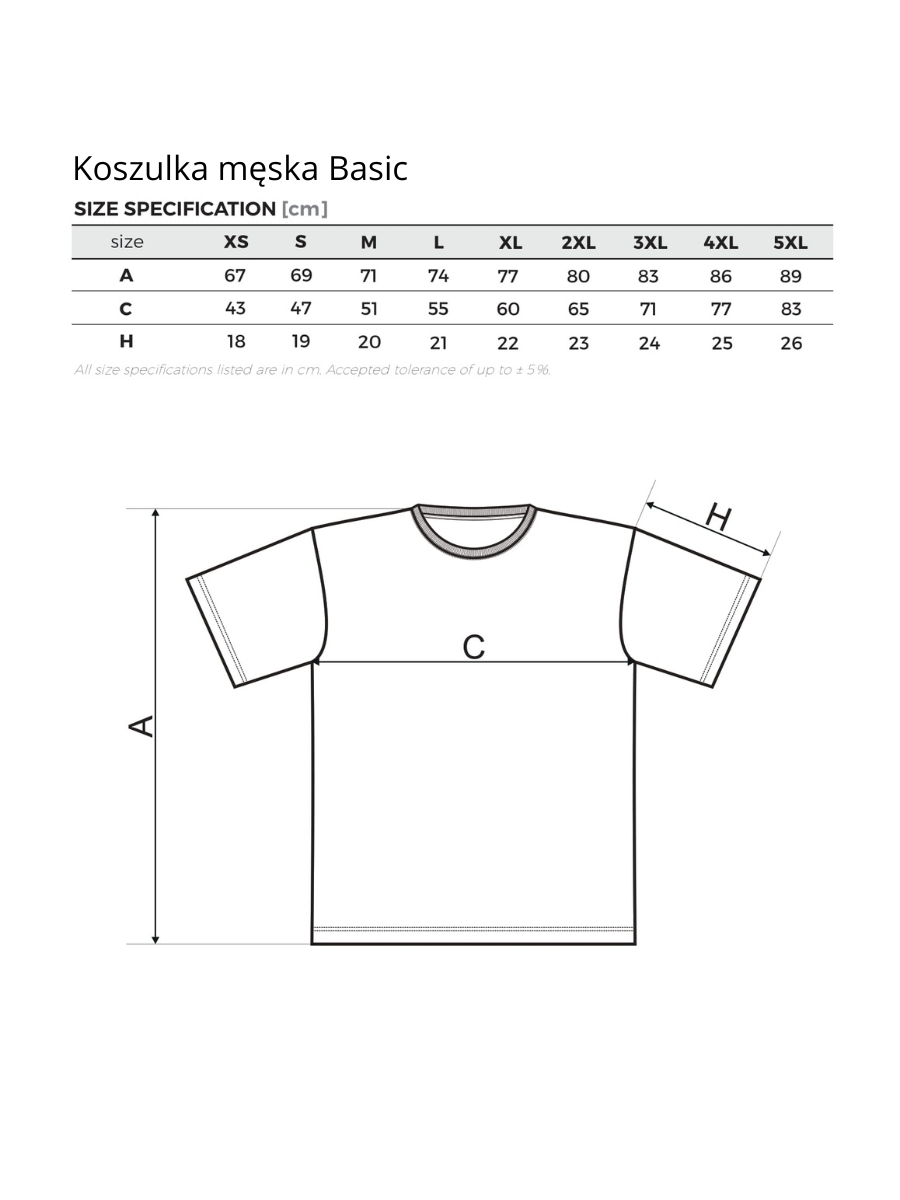 Koszulka męska Basic Koszulka męska basic wymiary. Tabela rozmiarów dla koszulki męskiej basic.