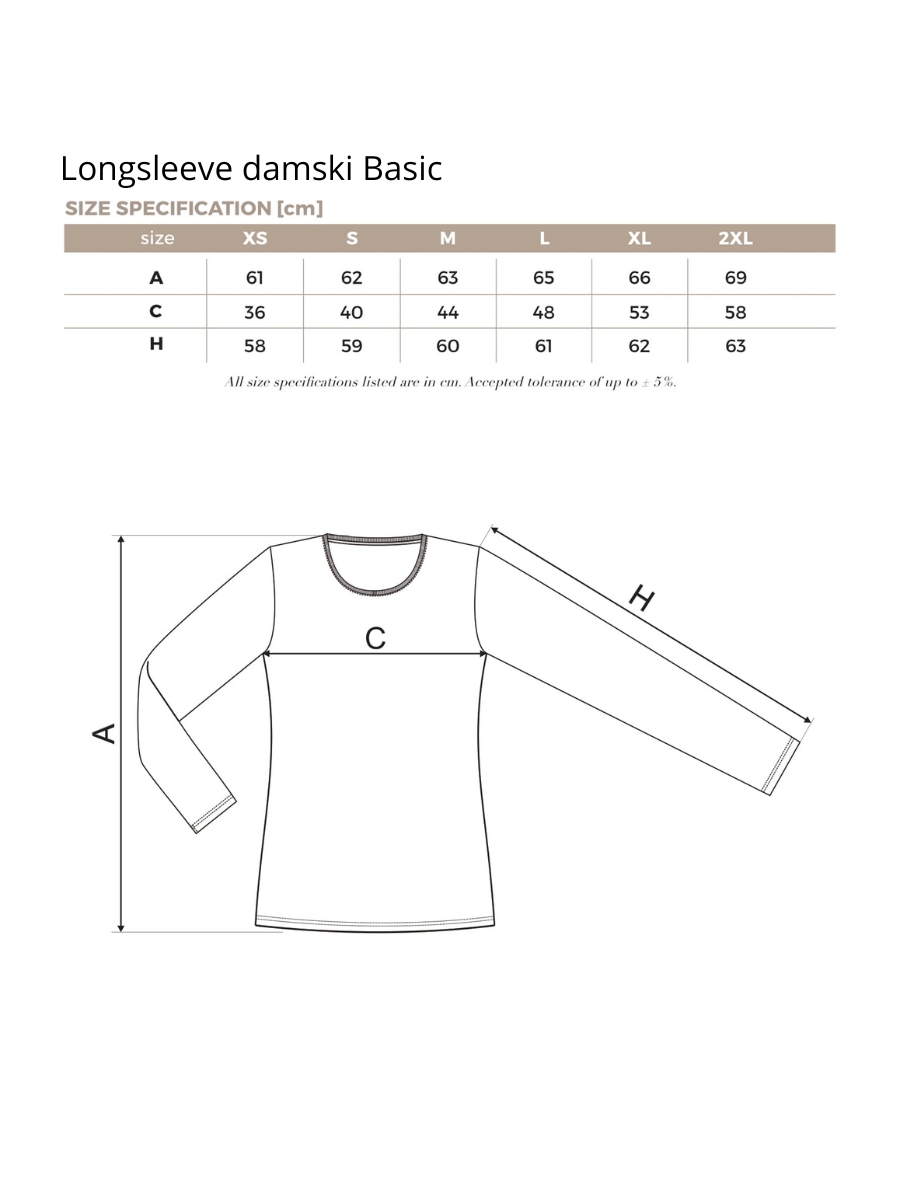 Longsleeve damski basic wymiary. Tabela rozmiarów dla longsleeva damskiego basic.
