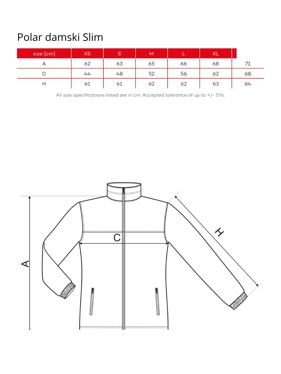 Polar damski slim wymiary. Tabela rozmiarów dla polaru damskiego slim.