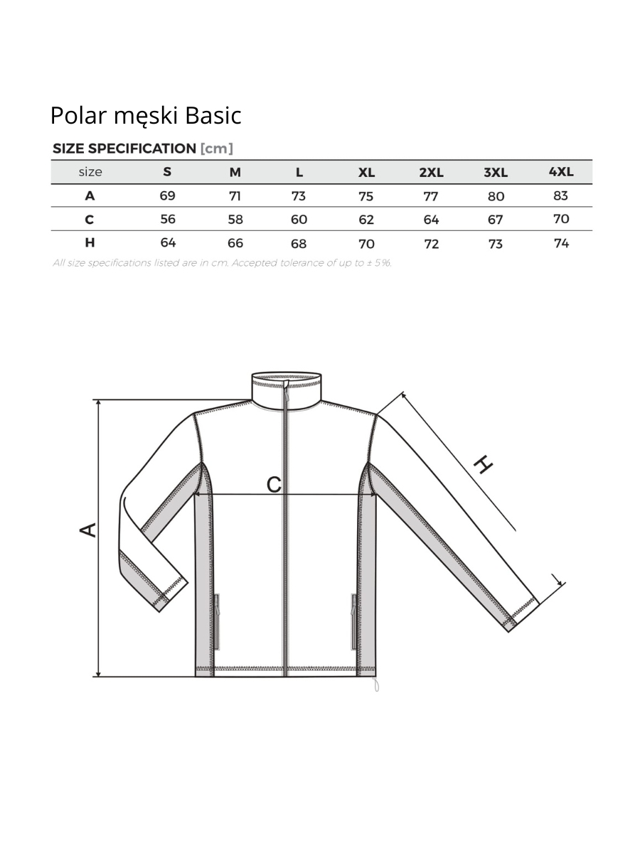 Polar męski basic wymiary. Tabela rozmiarów dla polaru męskiego basic.