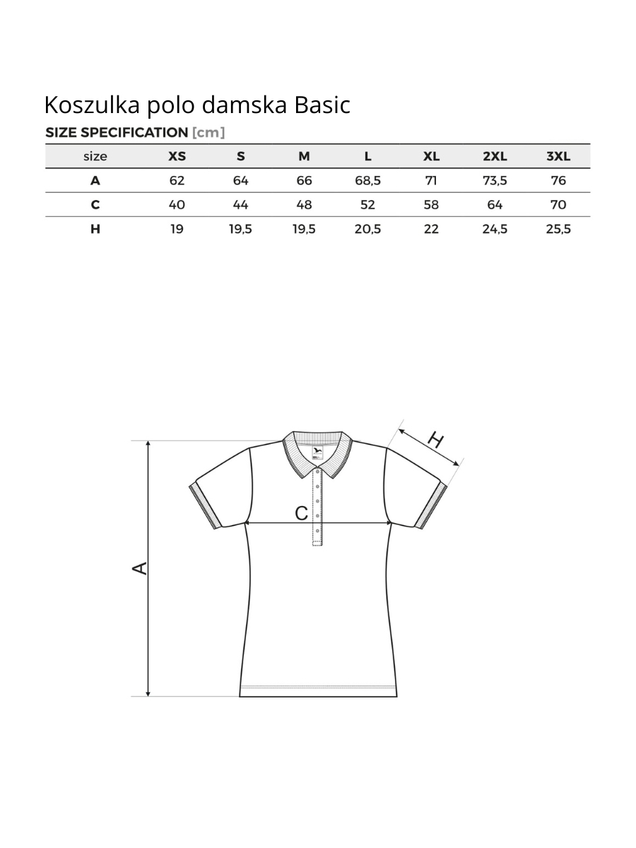 Koszulka polo damska basic wymiary. Tabela rozmiarów dla koszulki damskiej basic.