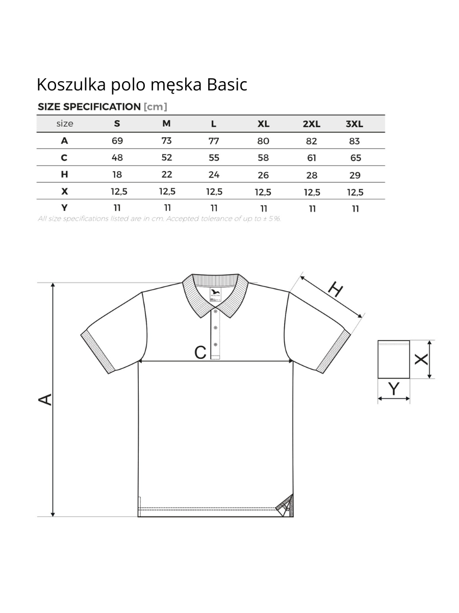 Koszulka polo męska basic wymiary. Tabela rozmiarów dla koszulki męskiej basic.