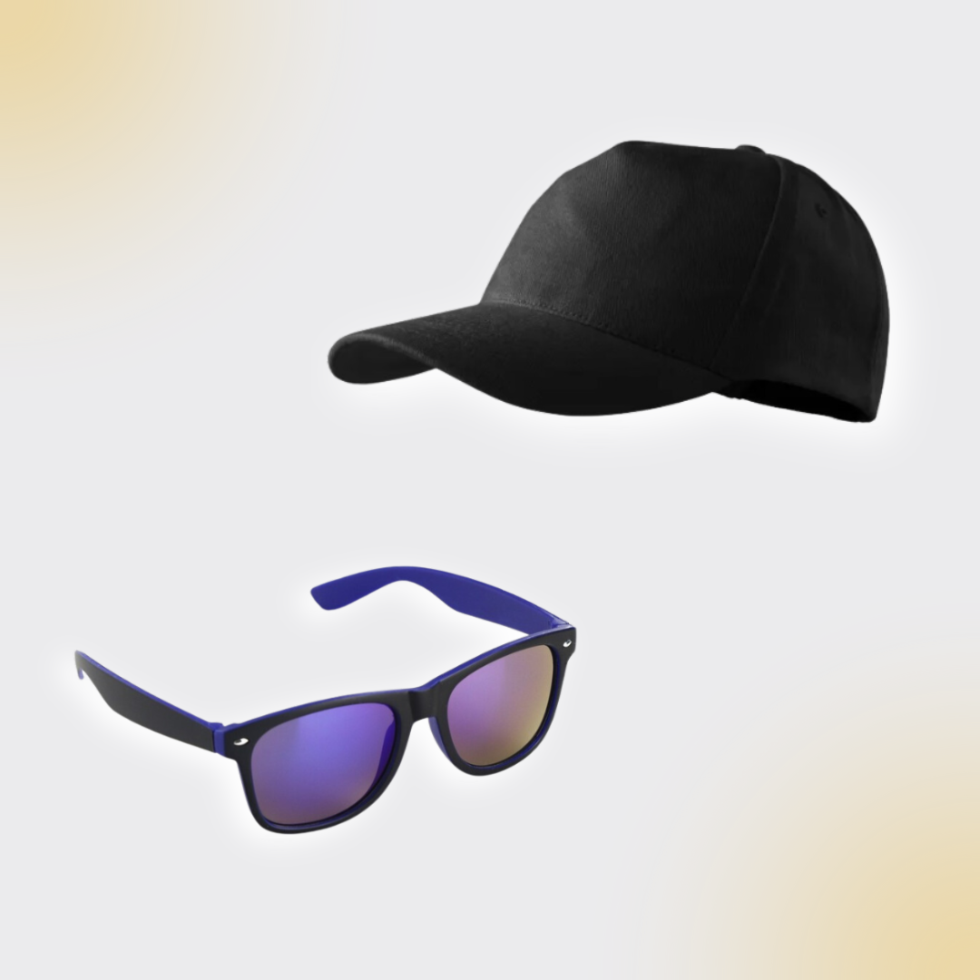 Zestaw akcesoriów dla muzyków, pakiet lato. Czarna czapka z daszkiem i kolorowe okulary przeciwsłoneczne.