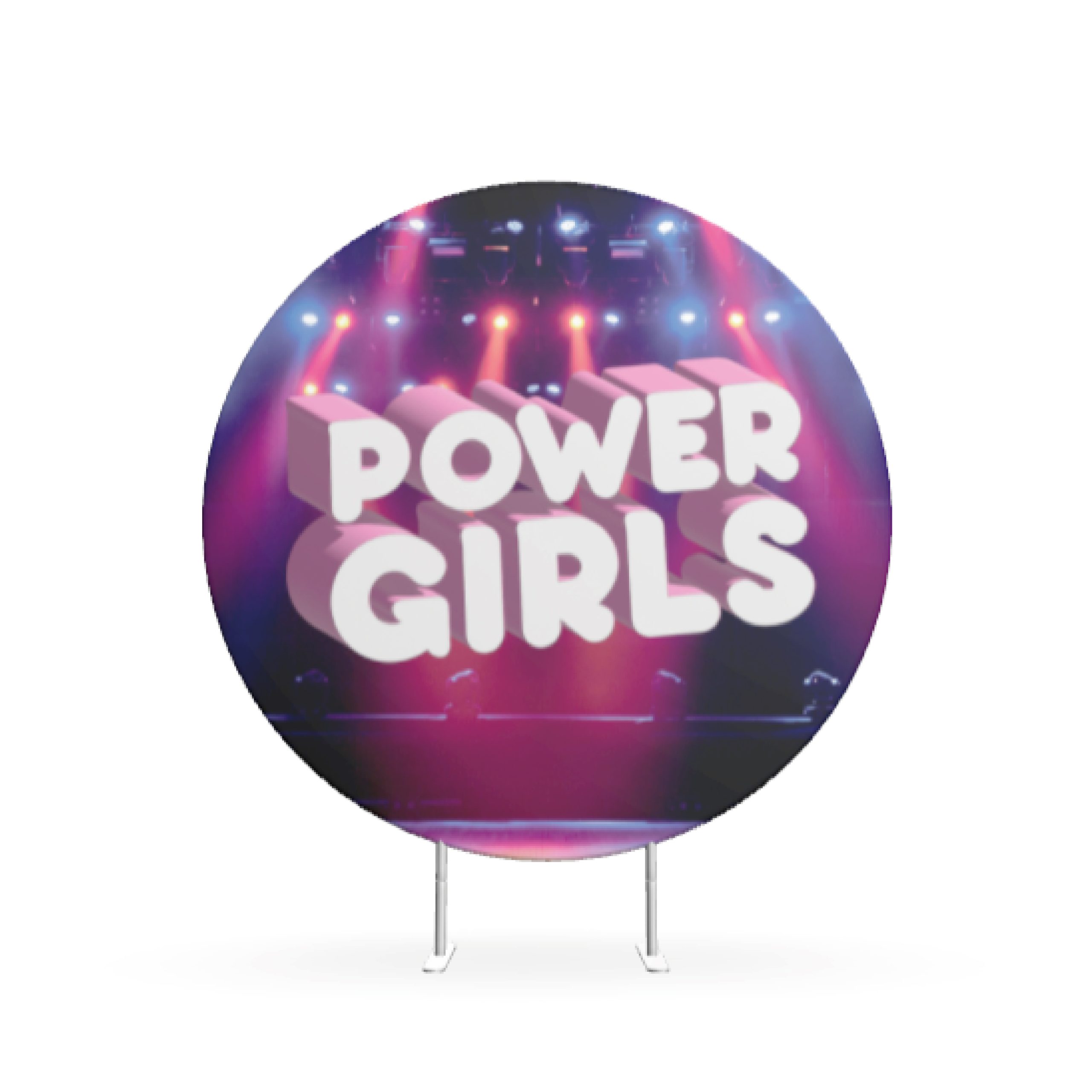 Owalna ścianka tekstylna z nadrukiem, zamontowana na stabilnej aluminiowej konstrukcji. Element scenografii muzycznej.