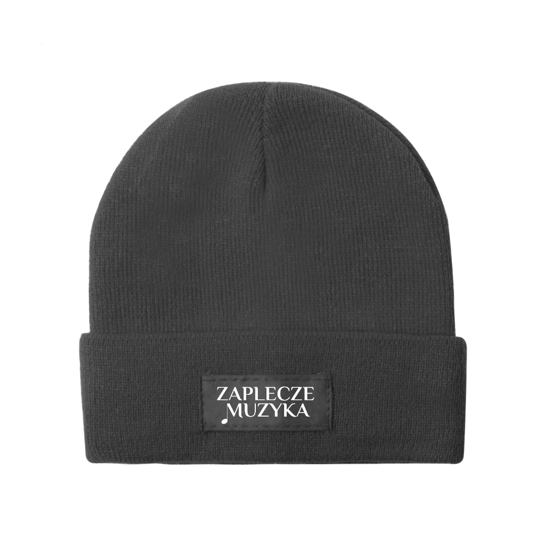 Czarna czapka zimowa z opcją nadruku. Czapka zimowa z akrylu. Czapka z przodu.